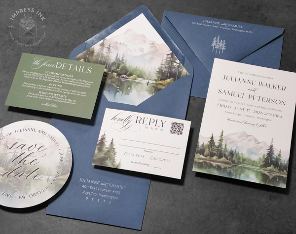 Watercolor Mountain Landscape Invitation in shades of green with slate blue envelopes