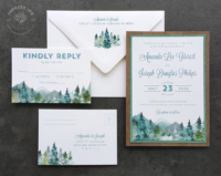 Watercolor Wilderness Mountain Invitation with white envelopes