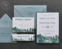 Watercolor Wilderness Mountain Invitation with dusty blue envelopes