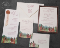 Watercolor Wilderness Forest Invitation with autumn color scheme in shades of green and rust orange, with walnut wood backing layer