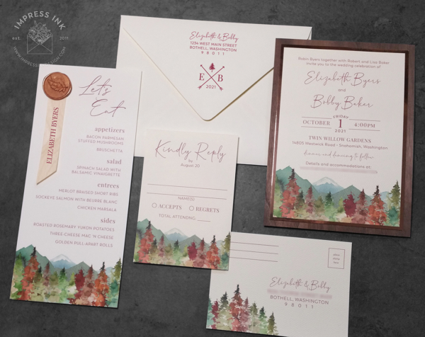 Watercolor Wilderness Forest Invitation with autumn color scheme in shades of green and rust orange, with walnut wood backing layer