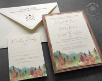Watercolor Wilderness Forest Invitation with autumn color scheme in shades of green and rust orange, with walnut wood backing layer