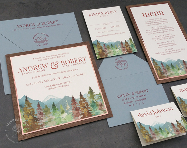 Watercolor Wilderness Forest Invitation with autumn color scheme in shades of green and rust orange, with walnut wood backing layer