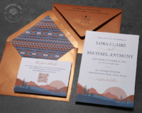 Southwest Desert Landscape Invitation in shades of terracotta and slate blue, copper envelopes