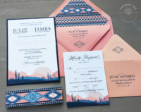 Arizona Desert Landscape Invitation in shades of pink, coral, and slate blue.