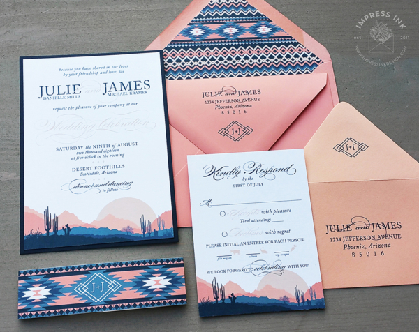 Arizona Desert Landscape Invitation in shades of pink, coral, and slate blue.