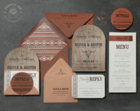 Rustic Wood Ranch Invitation with real walnut wood arch cards, southwest inspired details in shades of terracotta