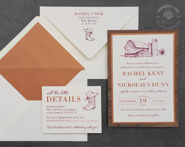Rustic Burgundy Barn Invitation with walnut wood backing layers