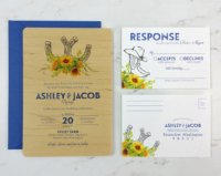 Horseshoe Sunflower Wood Invitation with matching reply postcards