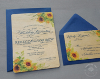 Rustic Sunflower Wood Invitation with navy blue accents and matching reply cards