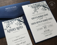 Navy Rustic Branches Invitation with cascading leafy tree branches and navy envelopes