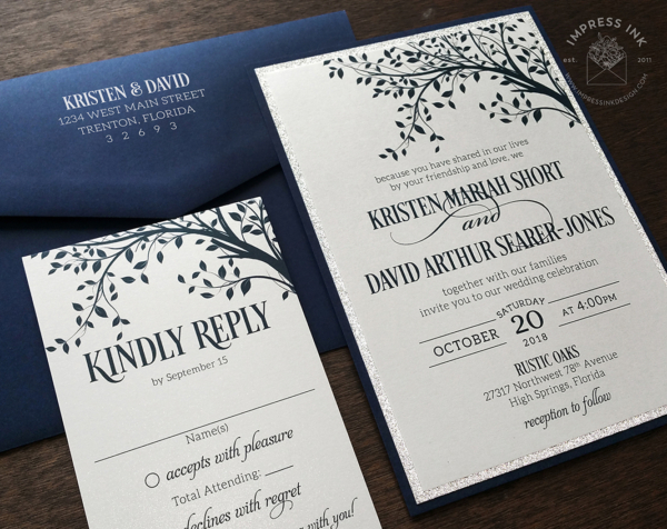 Navy Rustic Branches Invitation with cascading leafy tree branches and navy envelopes