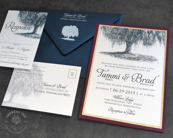 Weeping Willow Tree Invitation in Navy blue with matching reply postcards