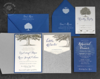 Oak Tree Pocket Invitation in shades of gray and royal blue