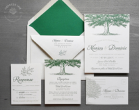 Green Oak Tree Invitation with line art oak tree printed in hunter green.