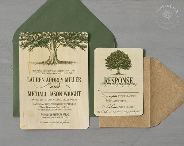 Oak Tree Wood Invitation with olive green trees printed on real Birch Wood veneer