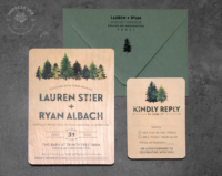 Evergreen Tree Wood Invitation with watercolor pine trees printed on real birch wood veneer with green envelopes