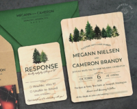 Evergreen Tree Wood Invitation with watercolor pine trees printed on real birch wood veneer with green envelopes