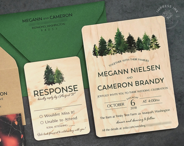 Evergreen Tree Wood Invitation with watercolor pine trees printed on real birch wood veneer with green envelopes