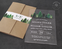 Evergreen Forest Acrylic Invitation with green trees printed on clear acrylic