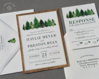 Evergreen Forest Layered Invitation with walnut wood backing layer