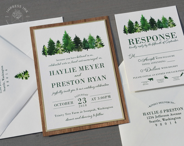 Evergreen Forest Layered Invitation with walnut wood backing layer