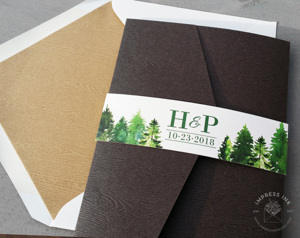 Evergreen Forest Pocket Invitation with woodgrain embossed pocket folder and printed bands