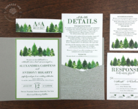 Evergreen Forest Pocket Invitation with woodgrain embossed pocket folder