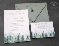 Forest Baby Shower Invitation with watercolor evergreen tree and mountains