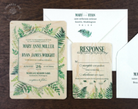 Green Ferns Wood Invitation with watercolor greenery ferns and leaves with geometric border, matching reply cards