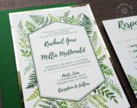 Green Ferns Geometric Invitation with watercolor greenery ferns and leaves with gold foil backing layer