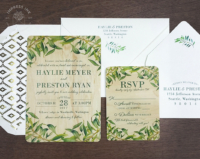 Olive Branch Wood Invitation with greenery printed on real birch wood veneer, matching reply cards and printed envelopes