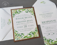 Olive Branch Greenery Invitation with gold and walnut wood backing layers, matching reply cards and printed envelopes