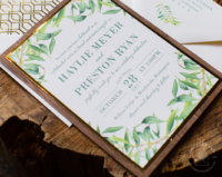 Olive Branch Greenery Invitation with gold and walnut wood backing layers, matching reply cards and printed envelopes