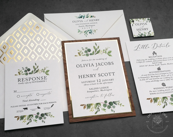Rustic Greenery Wood Invitation with gold foil and walnut wood backing layers