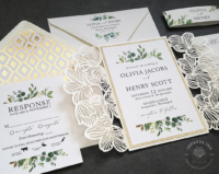 Greenery Laser Cut Invitation with shimmery ivory laser cut gate folder