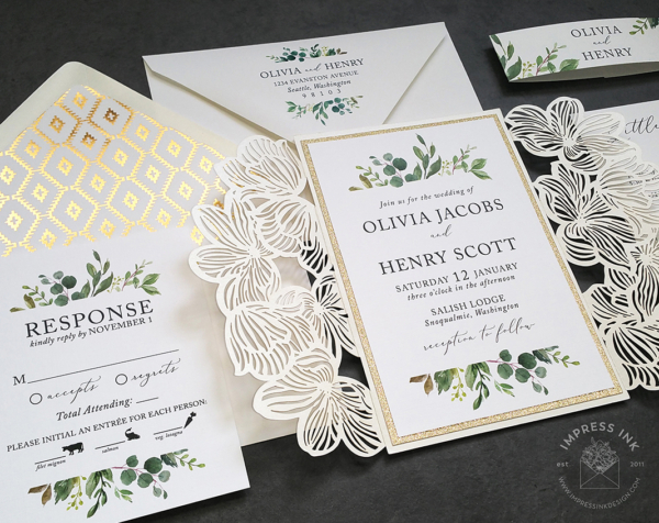 Greenery Laser Cut Invitation with shimmery ivory laser cut gate folder