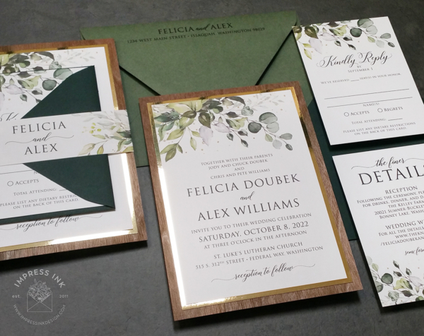 Herbal Greenery Layered Invitation with eucalyptus and Walnut wood backing layer