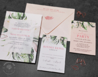 Tropical Greenery Pink Invitation with monstera leaves and pink tropical flowers