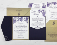 Vineyard Grapes Pocket Invitation in dark purple and gold