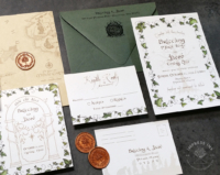 Hobbit/Ring Inspired Invitation with leaves of Lórien border and middle earth parchment wrap, wax seals