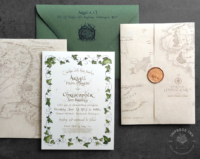 Hobbit/Ring Inspired Invitation with leaves of Lórien border and middle earth parchment wrap, wax seals