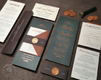 Moody Evergreen Watercolor Invitation with Copper foil and terracotta and chocolate brown accents