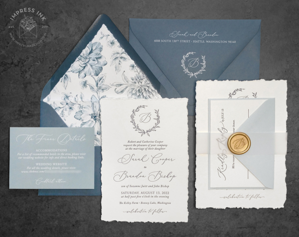 Slate Wreath Monogram Invitation with navy letterpress imprint, hand-torn edges, wax seals and slate blue envelopes