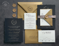 Black Wreath Monogram Invitation with gold foil imprint and hand-torn edges, antique gold envelopes and wax seals