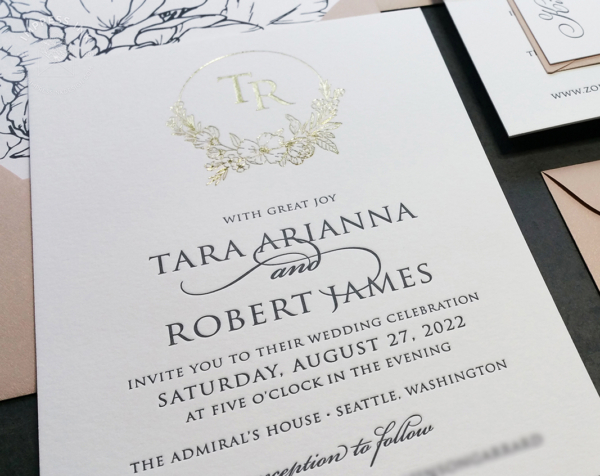 Gold Floral Monogram Invitation with gray letterpress text, and gold foil floral circle monogram