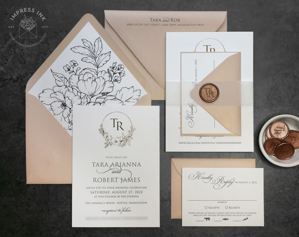Gold Floral Monogram Invitation with gray letterpress text, nude pink envelopes and wax seals