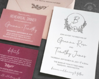 Pink Floral Monogram Invitation with black ink letterpress and shades of pink color blocked cards