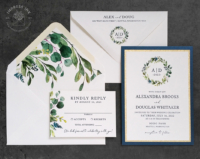Greenery Wreath Monogram Invitation with gold glitter and navy backing layers, matching greenery envelopes liners