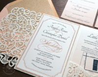 Rose Gold Lace Invitation with foil imprint and laser cut pocket folder, glitter lined envelopes